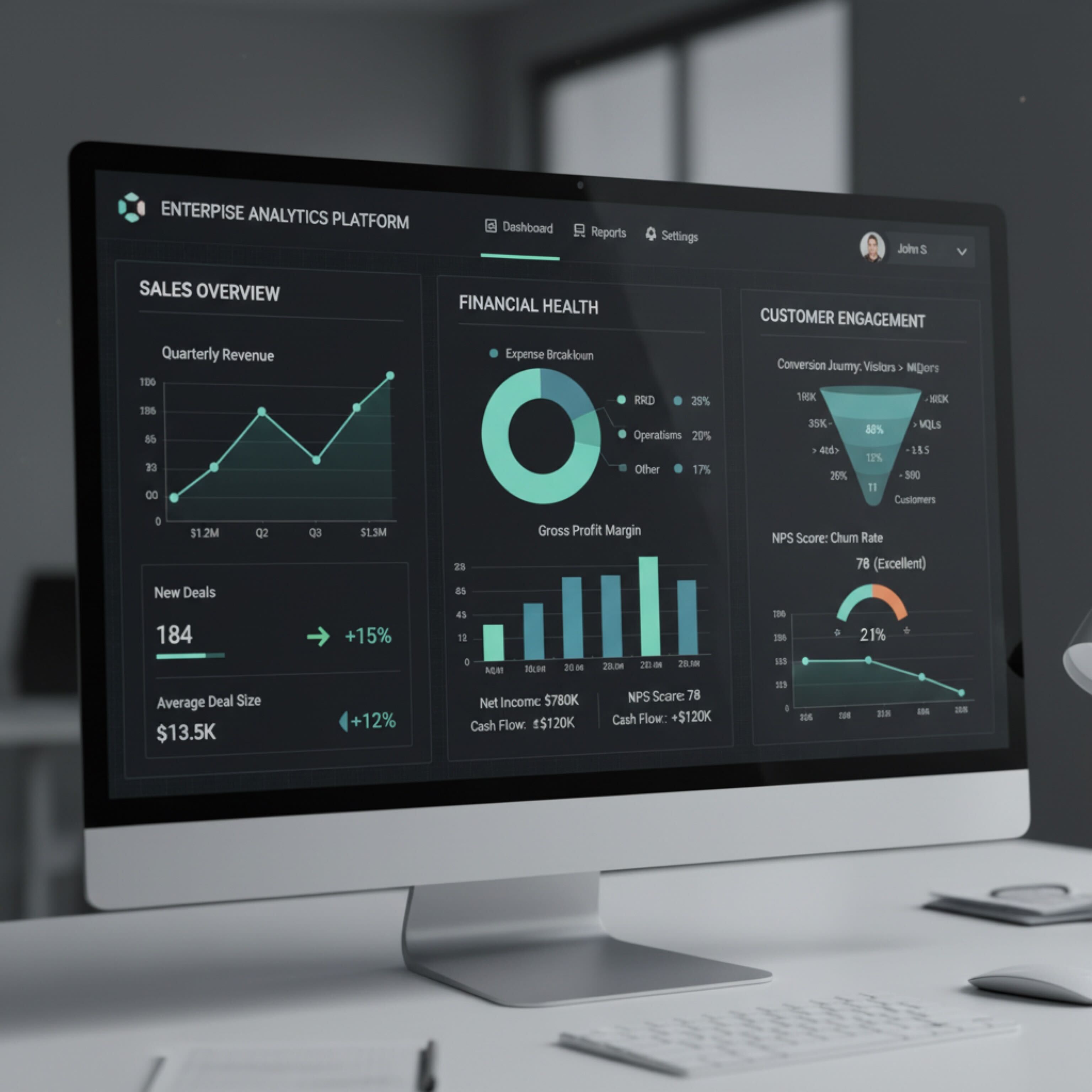 Interactive business dashboard interface showcasing real-time metrics